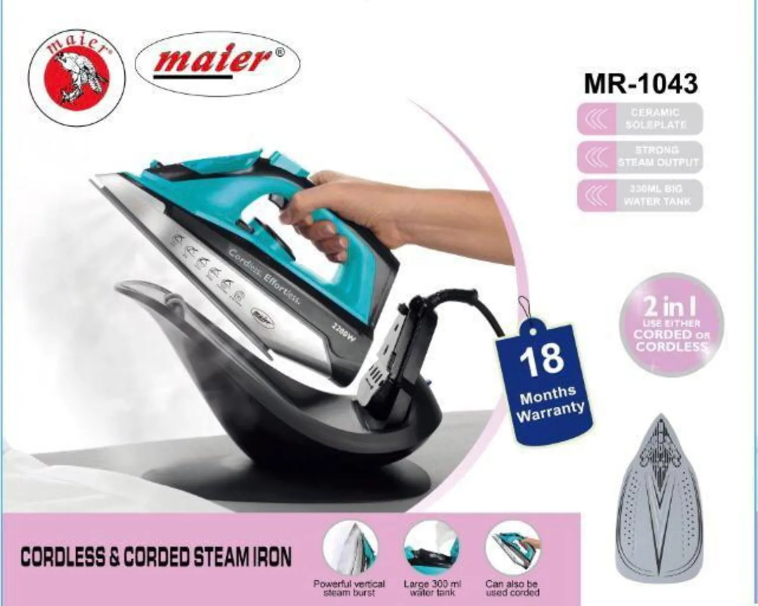 اتو بخار پایه دار مایر 2200 وات MR-1043