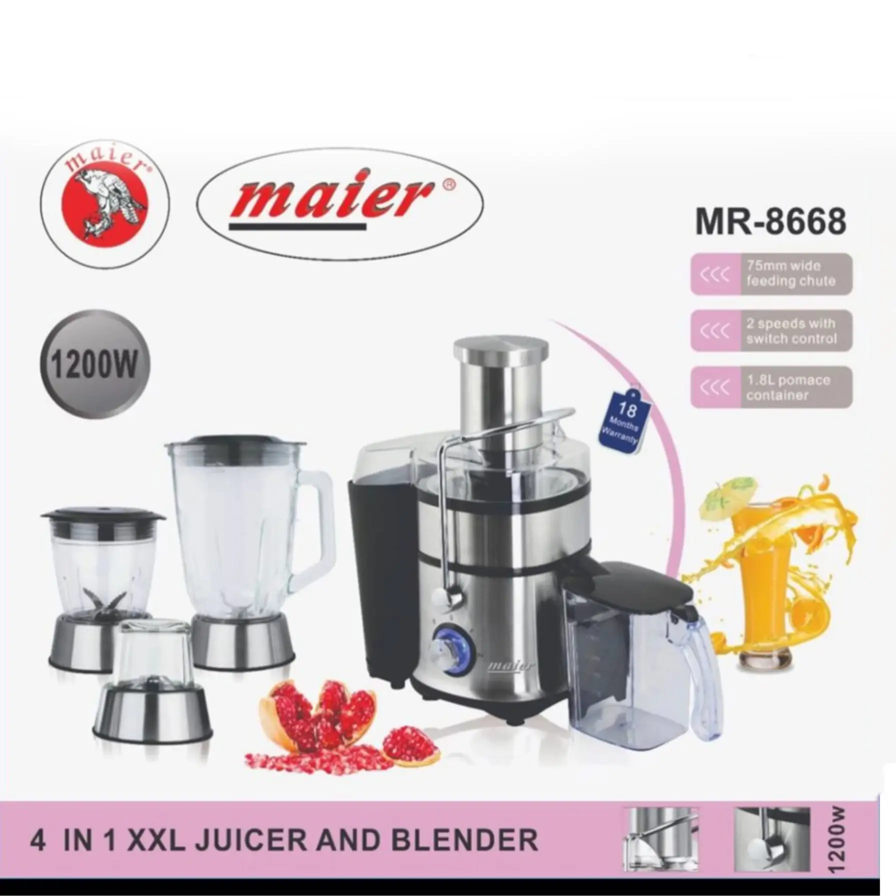 آبمیوه گیری 4 کاره 1200 وات مایر MR-8668 رنگ مشکی و سفید