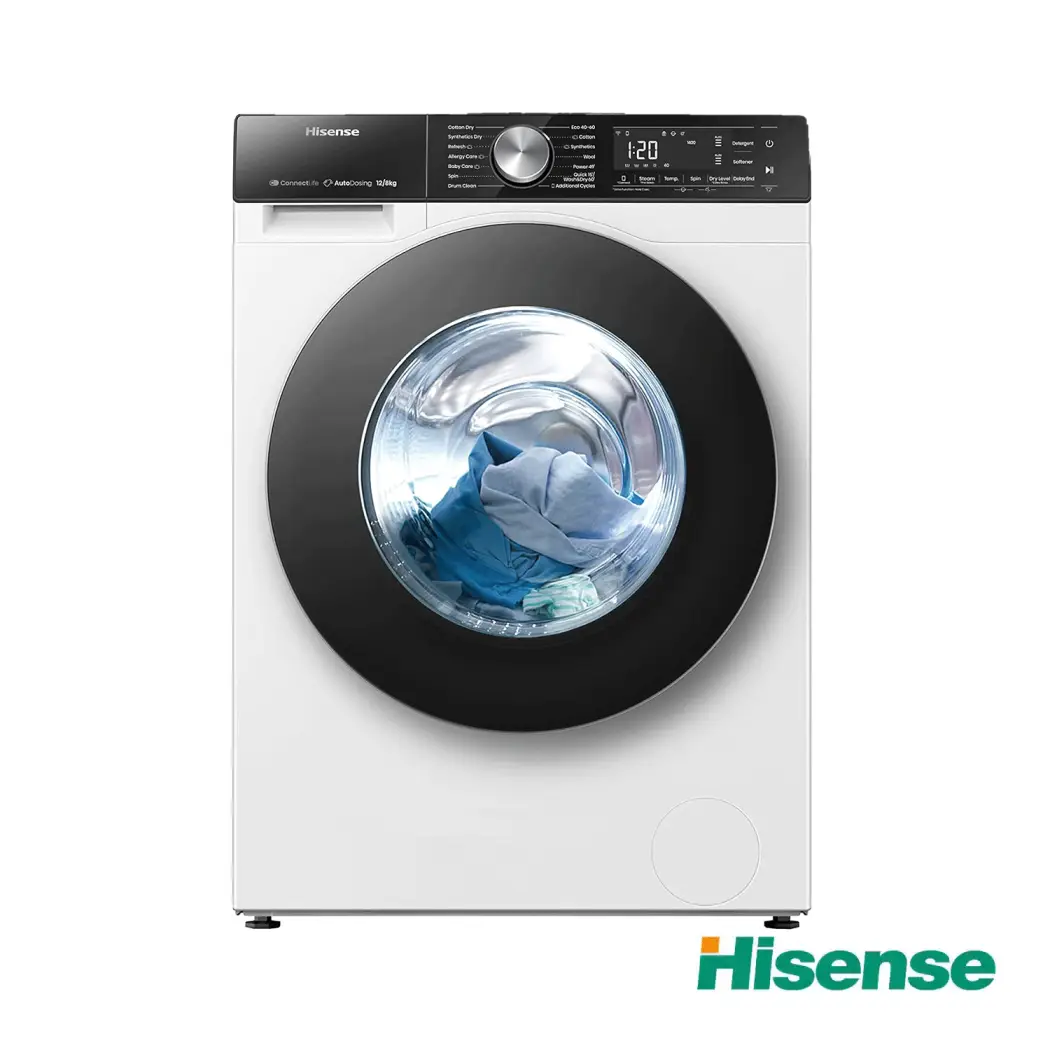 ماشین لباسشویی 128 کیلویی درب از جلو هایسنس WD5S1245B رنگ سفید و مشکی ساخت 2025