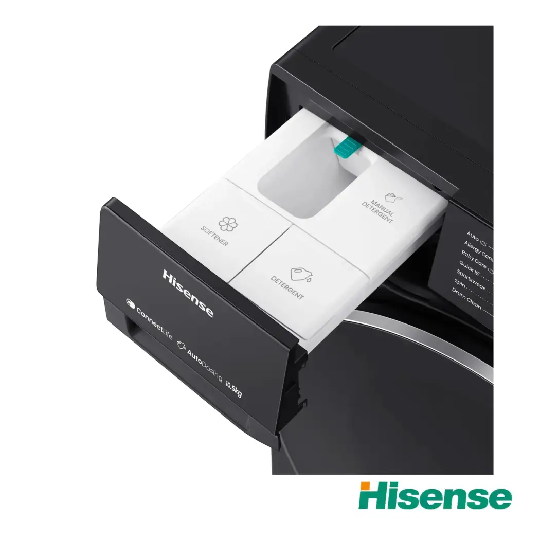 ماشین لباسشویی 10.5 کیلویی درب از جلو هایسنس WF5S1045B رنگ سفید و مشکی ساخت 2025
