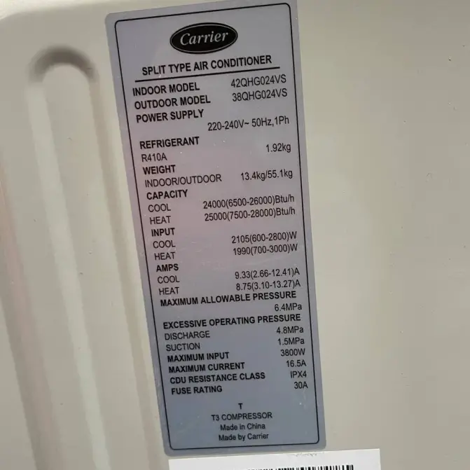 کولر گازی کریر 24000 سرمایشی گرمایشی R410A اینورتر QHG روتاری T3 مدل 42QHG024VS – 38QHG024VS ساخت 2022